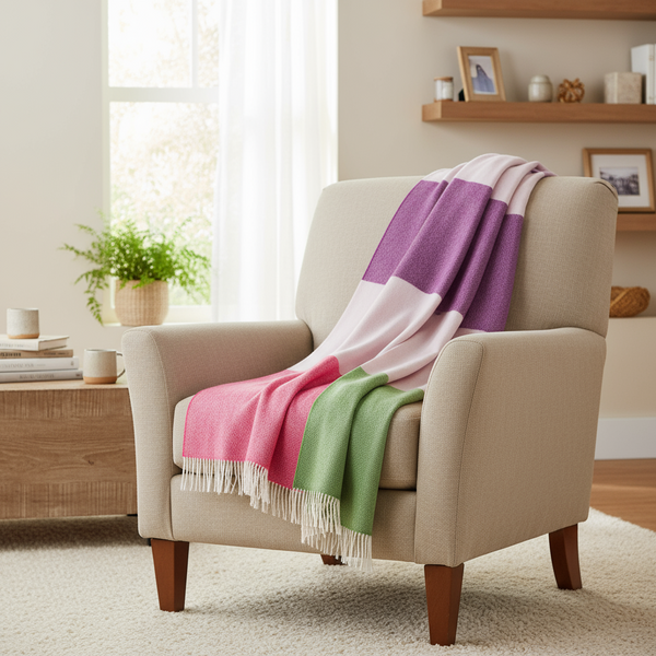 John Hanly Large Lambswool Blanket | Pink Green Purple Stripe
