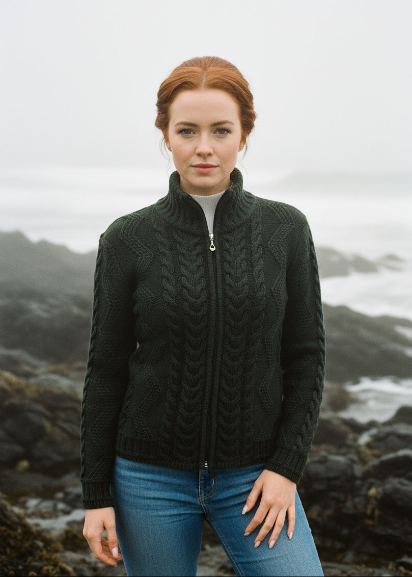 Cable Knit Aran Cardigan | Army Green 1500