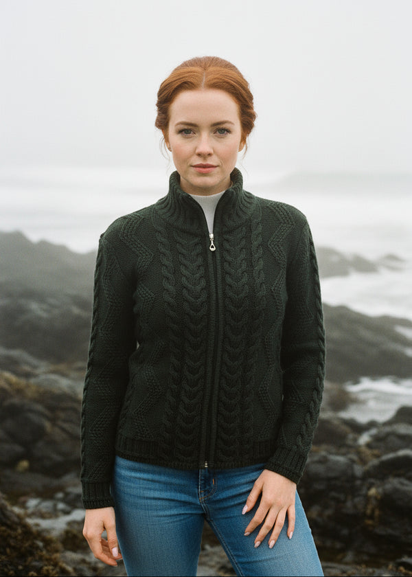 Cable Knit Aran Cardigan | Army Green 1500