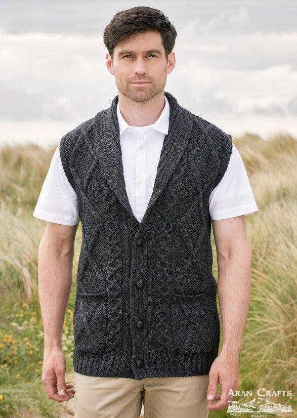 Aran Crafts Men's Wool Shawl Collar Waistcoat - Charcoal