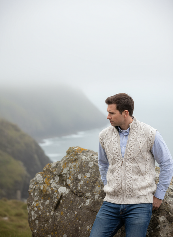 Men's Aran Zip Gilet | Oatmeal - Clearance
