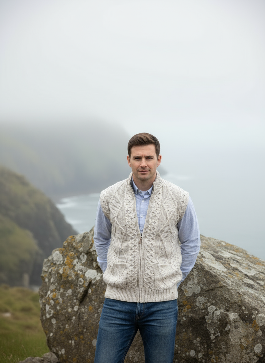 Men's Aran Zip Gilet | Oatmeal - Clearance