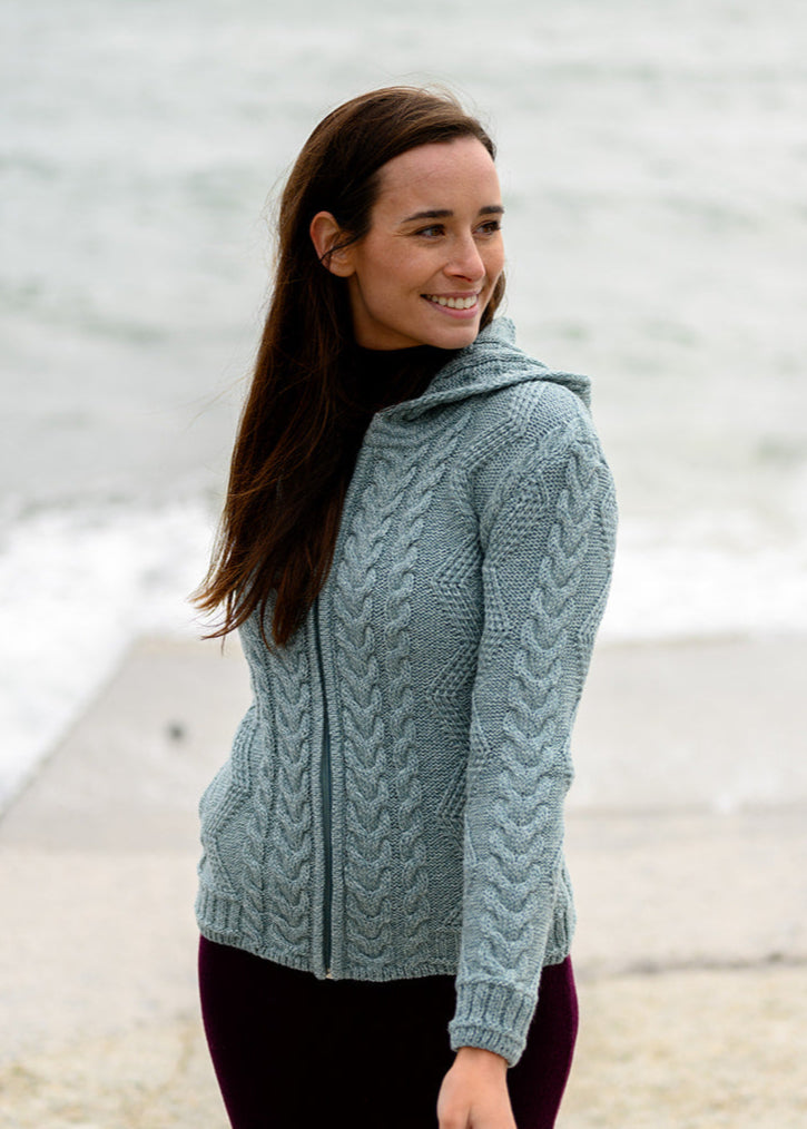 Aran Hooded Cardigan | Aqua