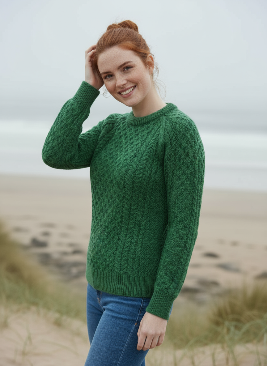 Ladies Slim-Fit Aran Sweater | Green
