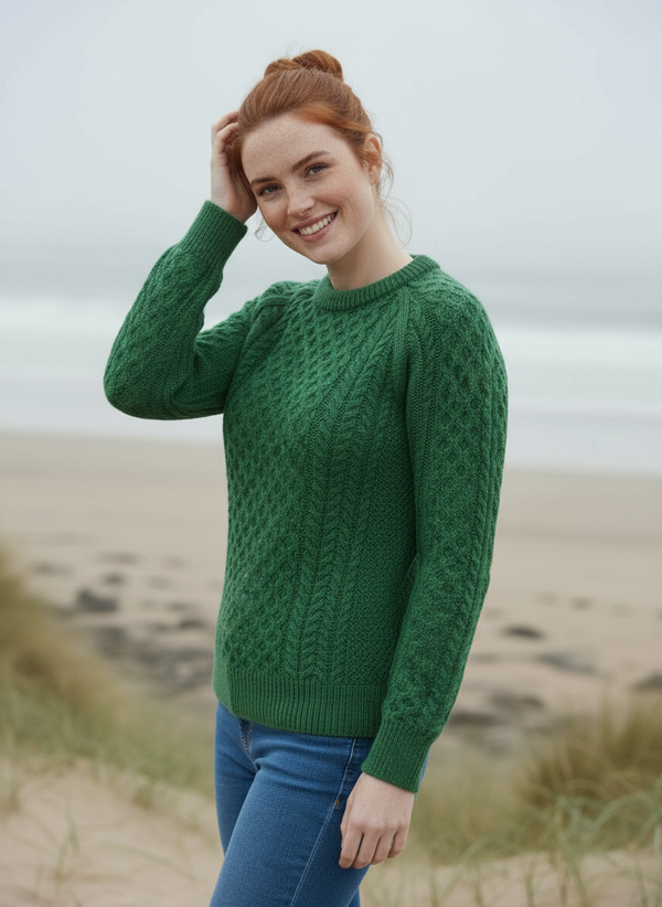 Ladies Slim-Fit Aran Sweater | Green