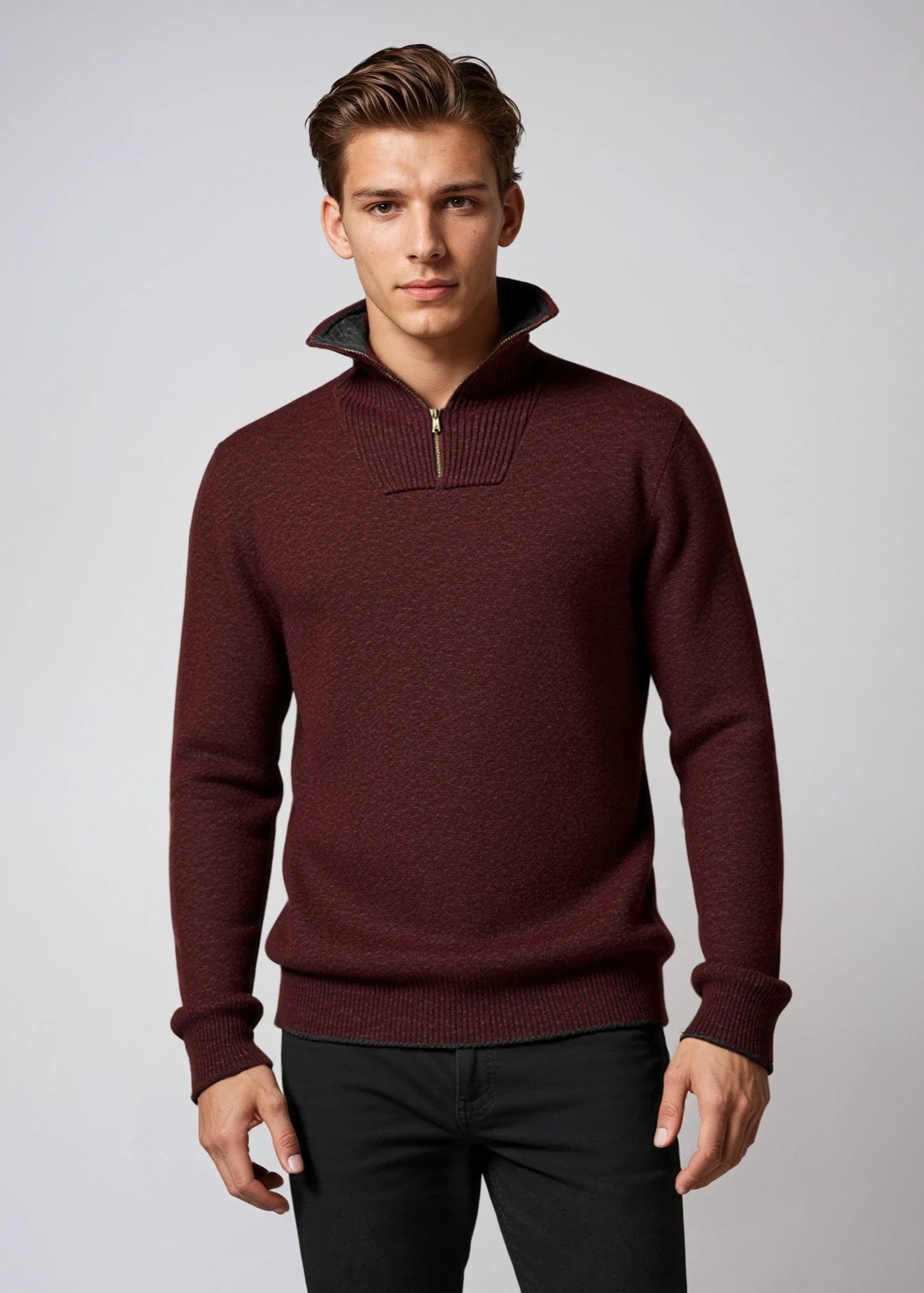 IrelandsEye Men's Lambswool Zip Sweater | Claret