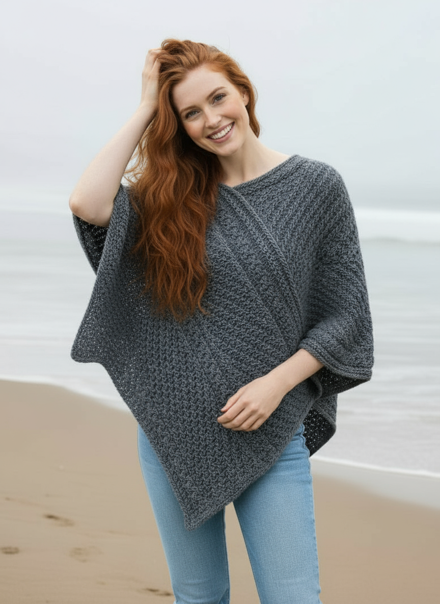 Aran Merino Wool V Poncho | Slate - Clearance