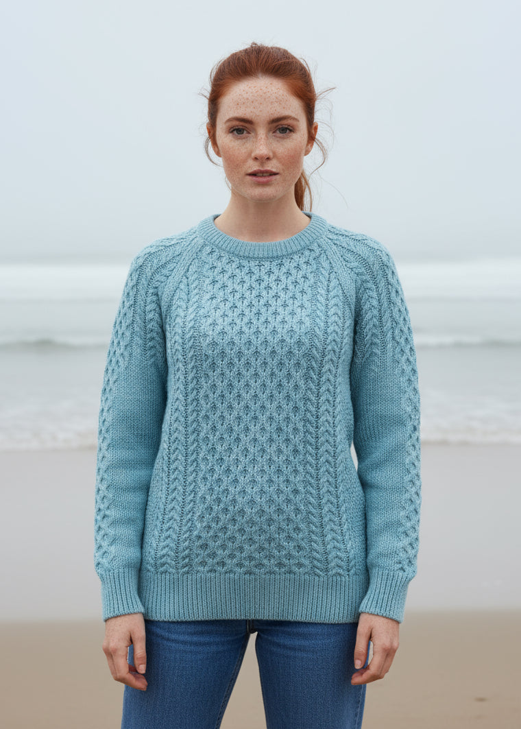 Ladies Slim-Fit Aran Sweater | Aqua