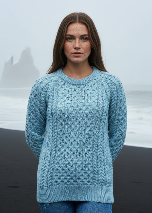 Ladies Slim-Fit Aran Sweater | Aqua