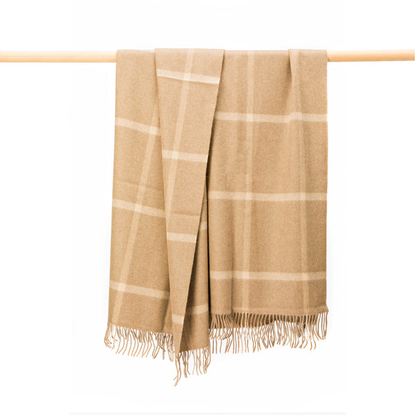 John Hanly Wool Angora Throw | Camel Cream Windowpane Check