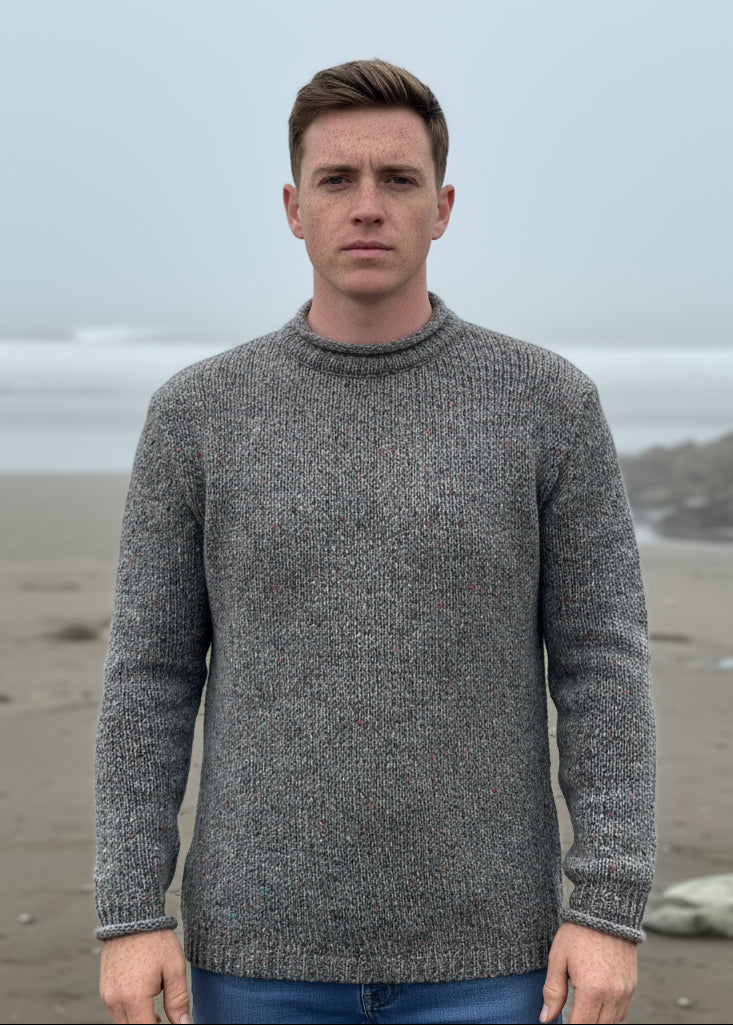Roll Neck Merino Wool Fisherman Sweater | Grey Fleck