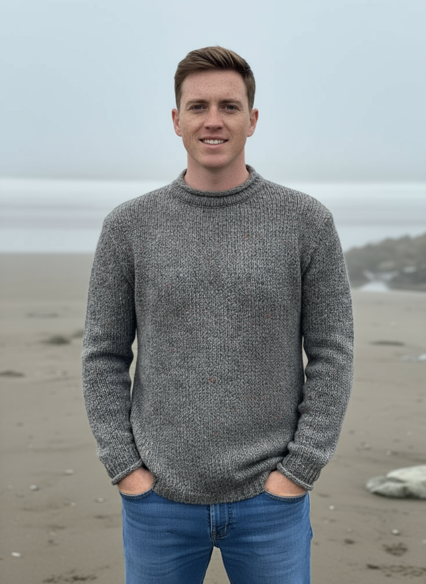Roll Neck Merino Wool Fisherman Sweater | Grey Fleck