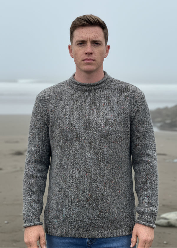 Roll Neck Merino Wool Fisherman Sweater | Grey Fleck