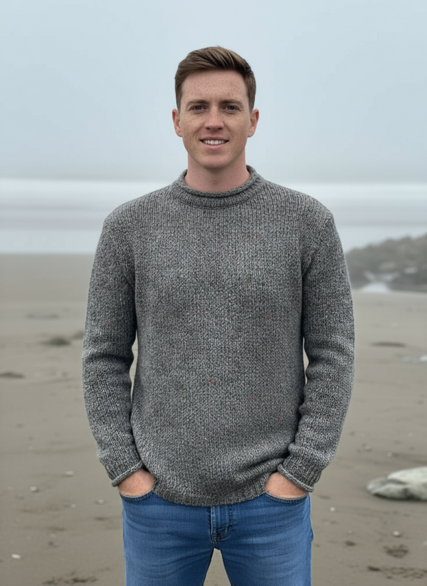 Roll Neck Merino Wool Fisherman Sweater | Grey Fleck