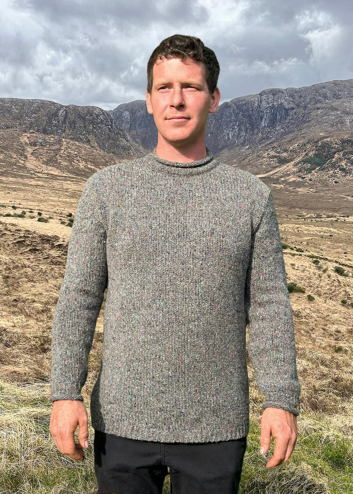 Roll Neck Merino Wool Fisherman Sweater | Grey Fleck