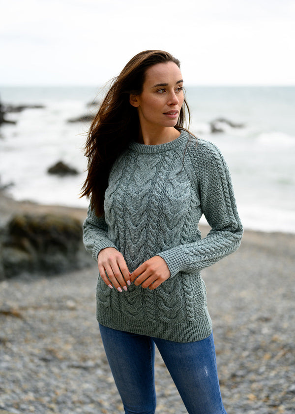 Aran Crew Neck Cashmere Sweater | Aqua