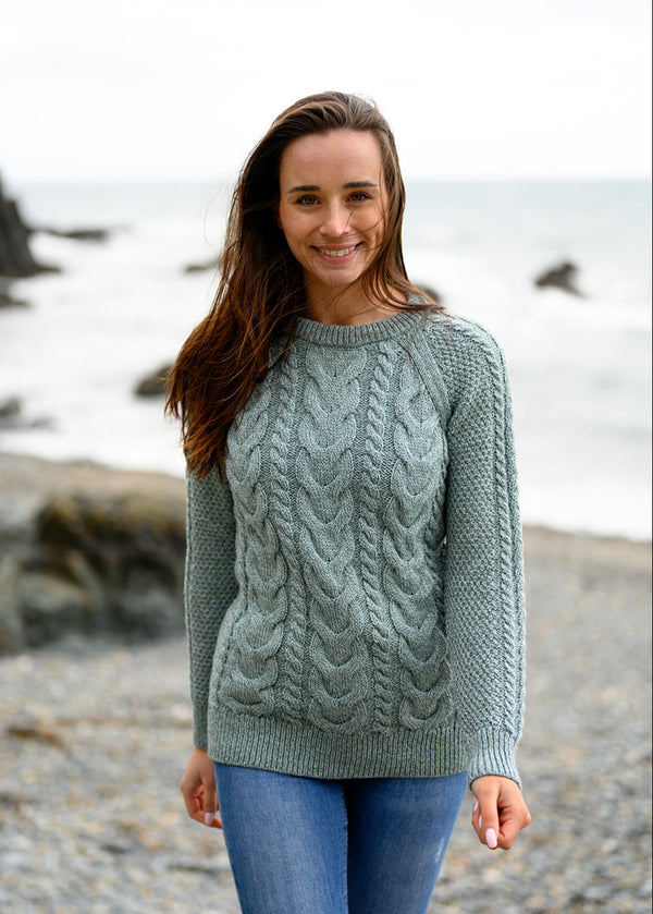 Aran Crew Neck Cashmere Sweater | Aqua