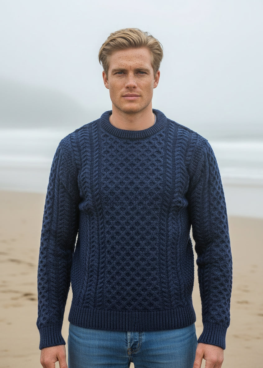 Unisex Aran Sweater | Deep Water Blue