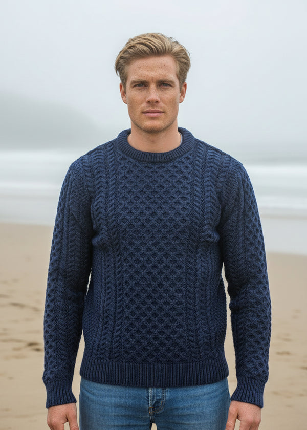 Unisex Aran Sweater | Deep Water Blue