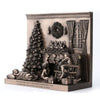 Decorative plaque with a Christmas scene, including a tree, stockings, and a fireplace.