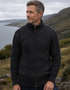 Full Zip Mens Merino Wool Aran Cardigan | Slate