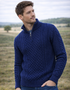 Men's Aran Half Zip Sweater | Deep Water Blue