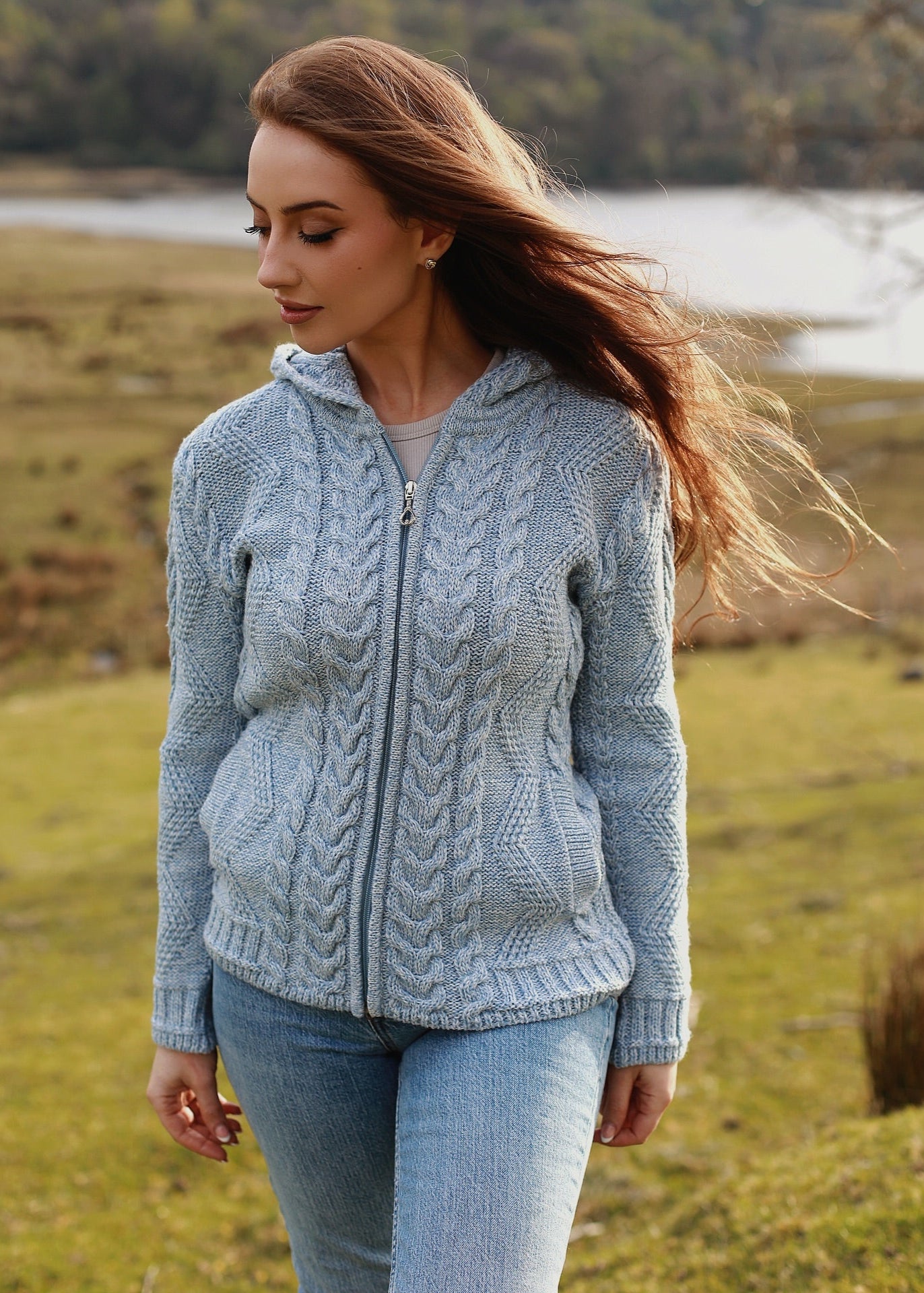 Aran Hooded Cardigan | Sky Blue
