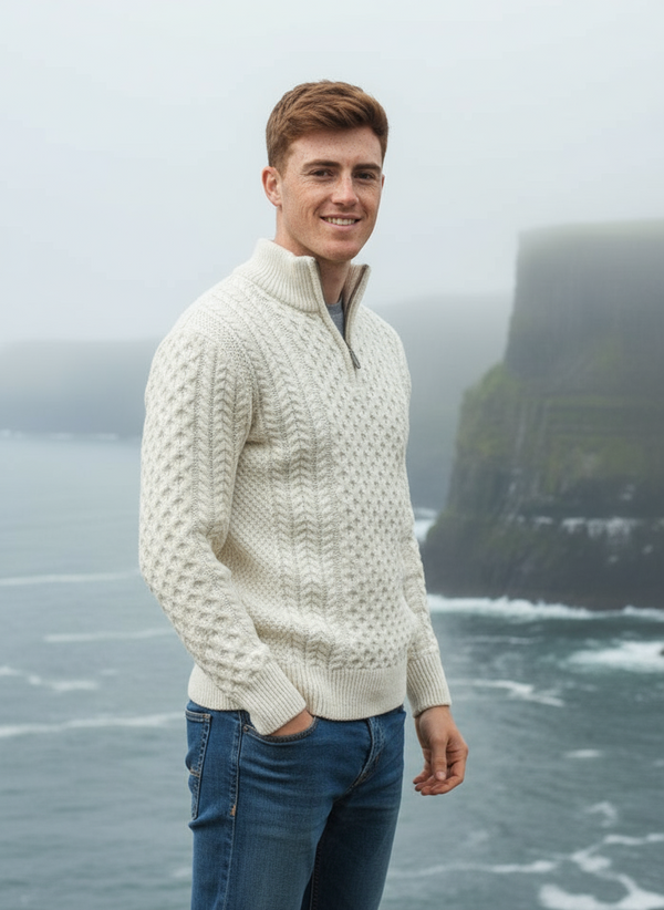 Aran Merino Wool Half Zip Sweater | Natural