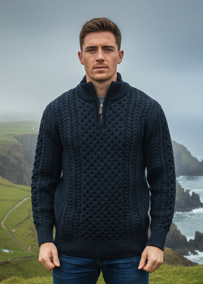Aran Merino Wool Half Zip Sweater | Blackwatch