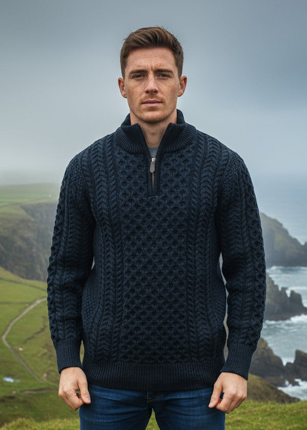 Aran Merino Wool Half Zip Sweater | Blackwatch