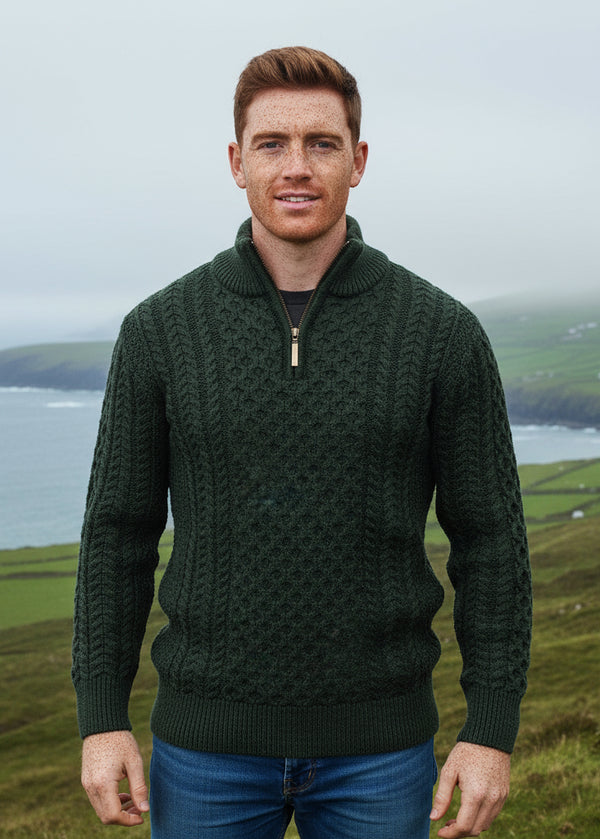 Aran Merino Wool Half Zip Sweater | Green