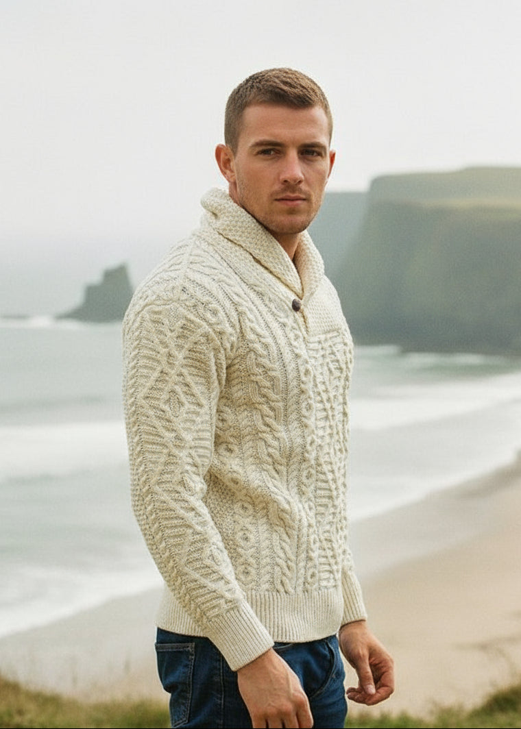 Aran Shawl Neck Sweater | Natural