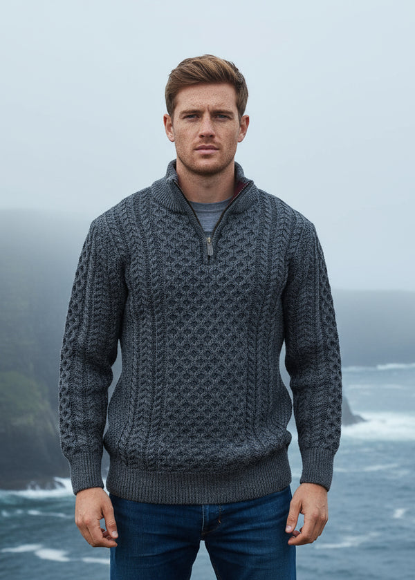 Aran Merino Wool Half Zip Sweater | Slate