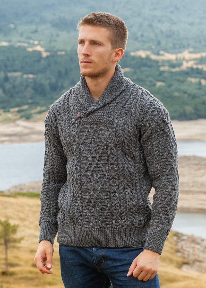 Aran Shawl Neck Sweater | Slate