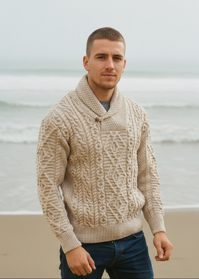 Aran Shawl Neck Sweater | Camel