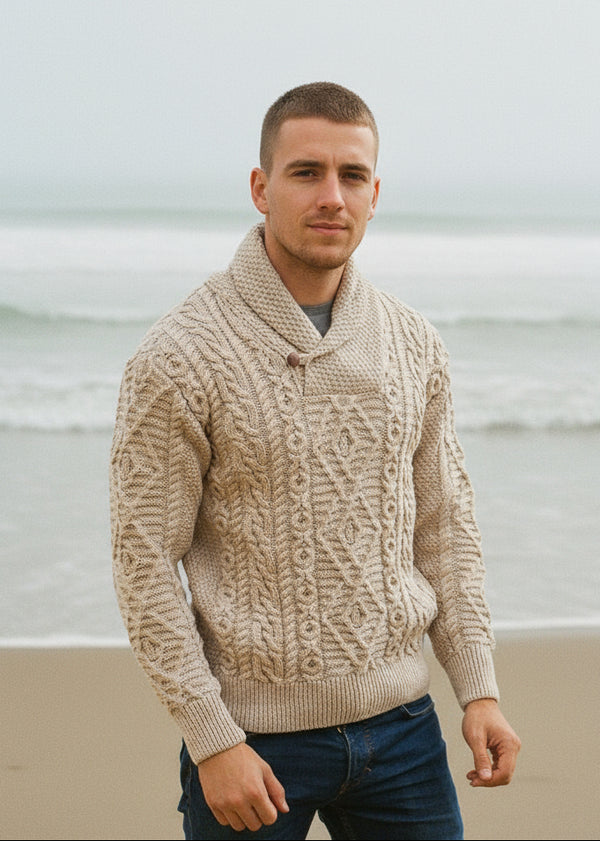 Aran Shawl Neck Sweater | Camel