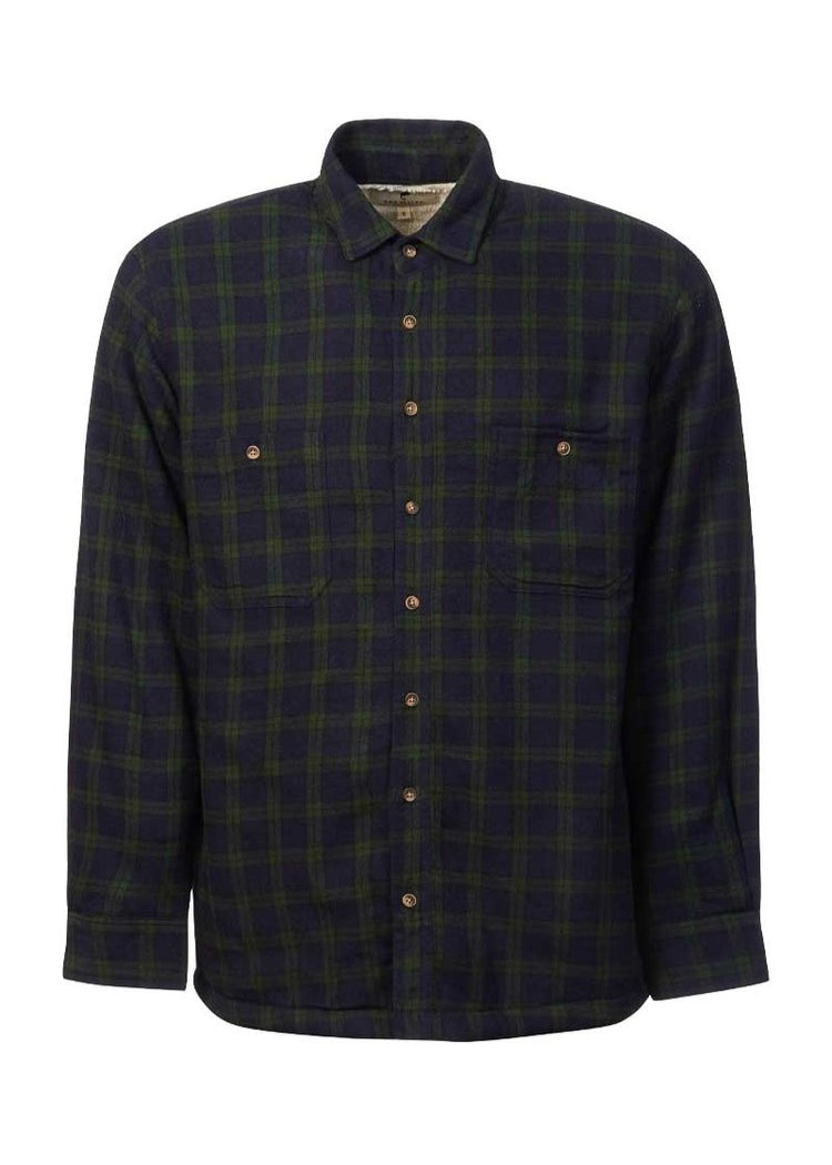 Navy and green plaid shirt on a white background