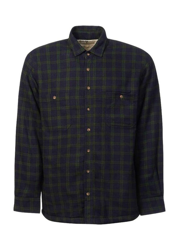 Navy and green plaid shirt on a white background