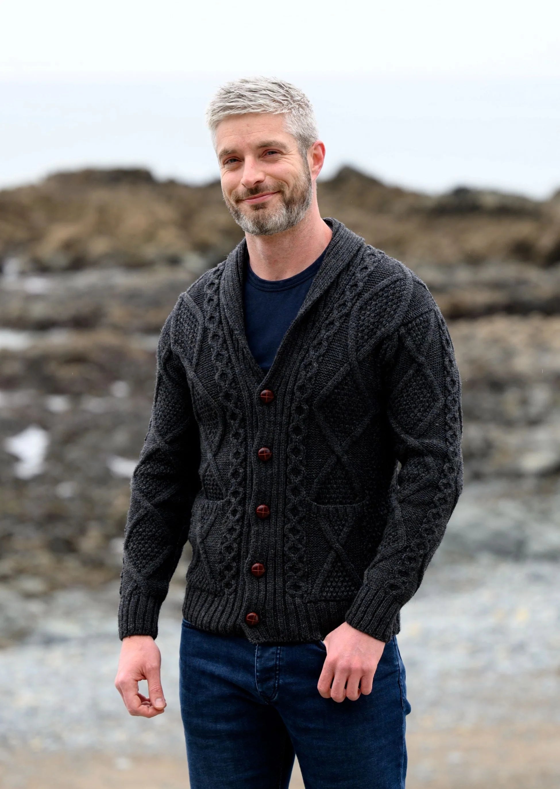 Men's Shawl Button Cardigan | Charcoal