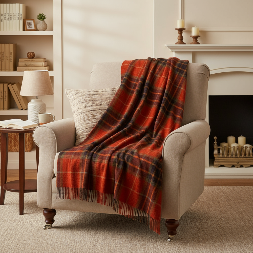 Lambswool Throw Orange Tartan Mix