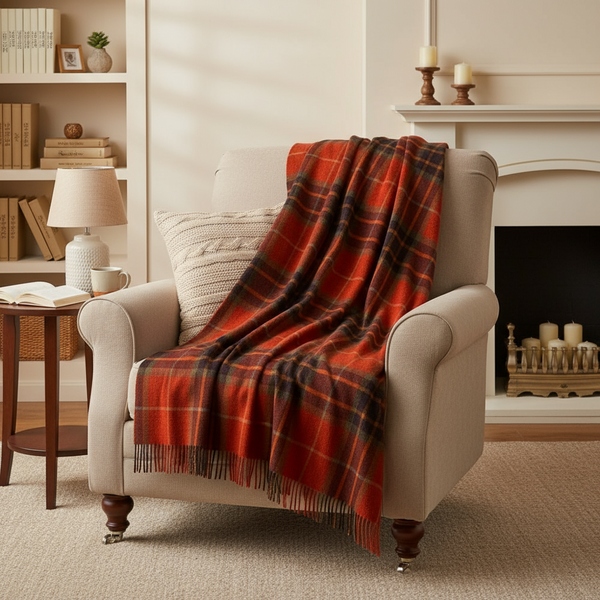 Lambswool Throw Orange Tartan Mix