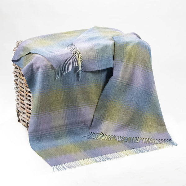 Lambswool Throw Blue Green Lilac Herringbone Check