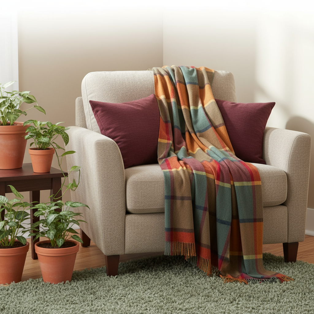 John Hanly Lambswool Throw Orange Green Yellow and Wine Check