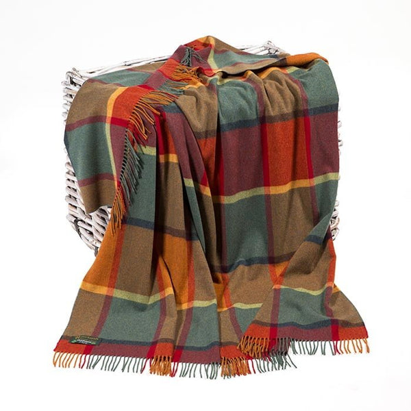 John Hanly Lambswool Throw Orange Green Yellow and Wine Check