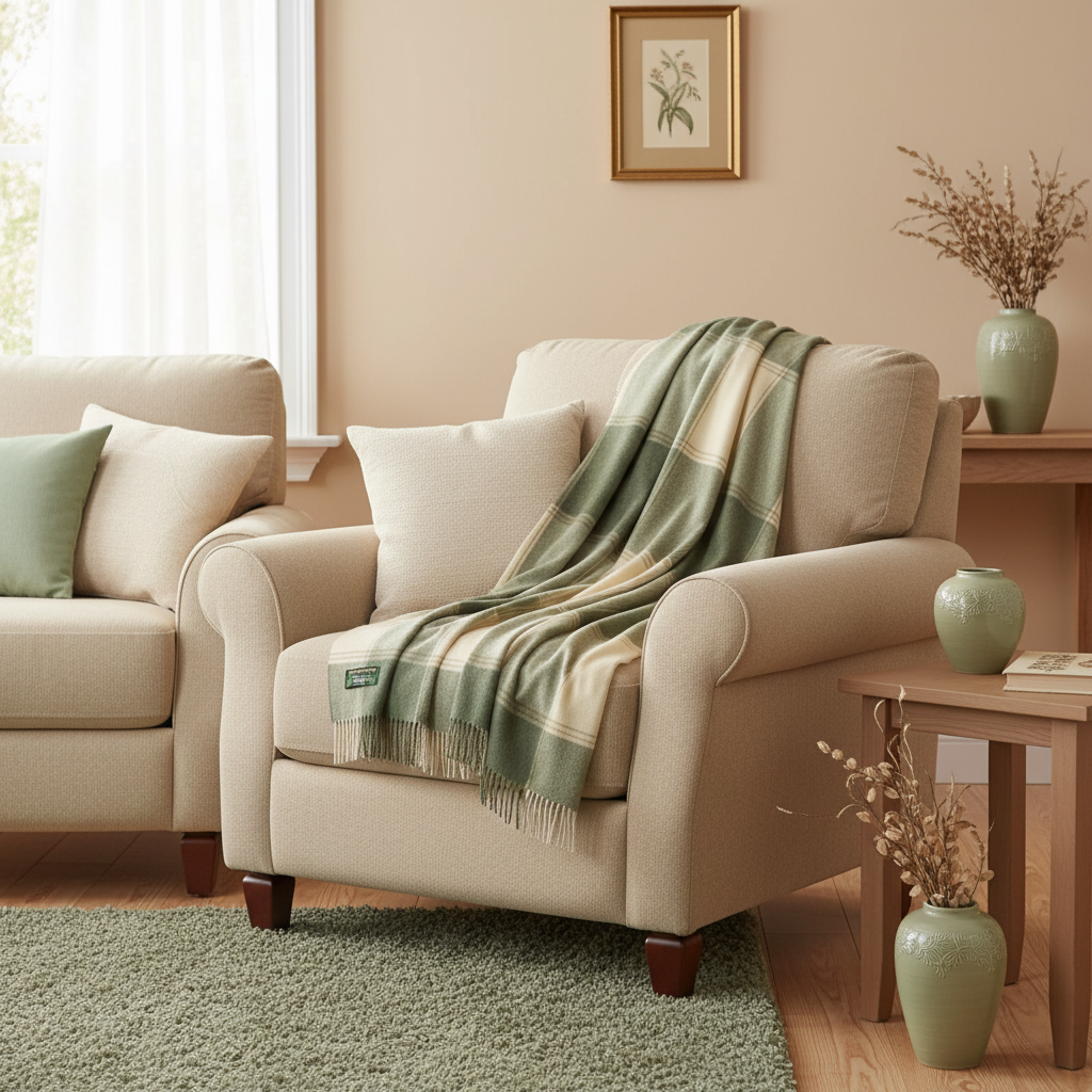 John Hanly Lambswool Throw Green and Cream Check
