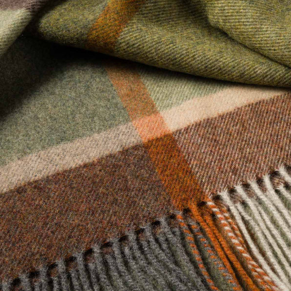 John Hanly Lambswool Throw | Green Brown Orange Check