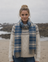 John Hanly Blue Beige Check Scarf | 100% Irish Lambswool