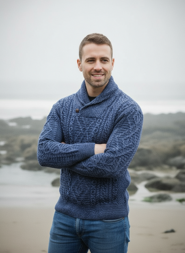 Aran Shawl Neck Sweater | Denim