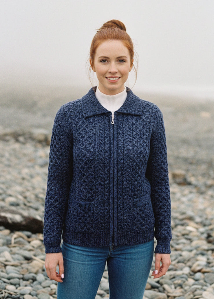 Aran Full Zip Cardigan | Denim Marl