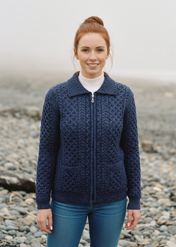 Aran Full Zip Cardigan | Denim Marl